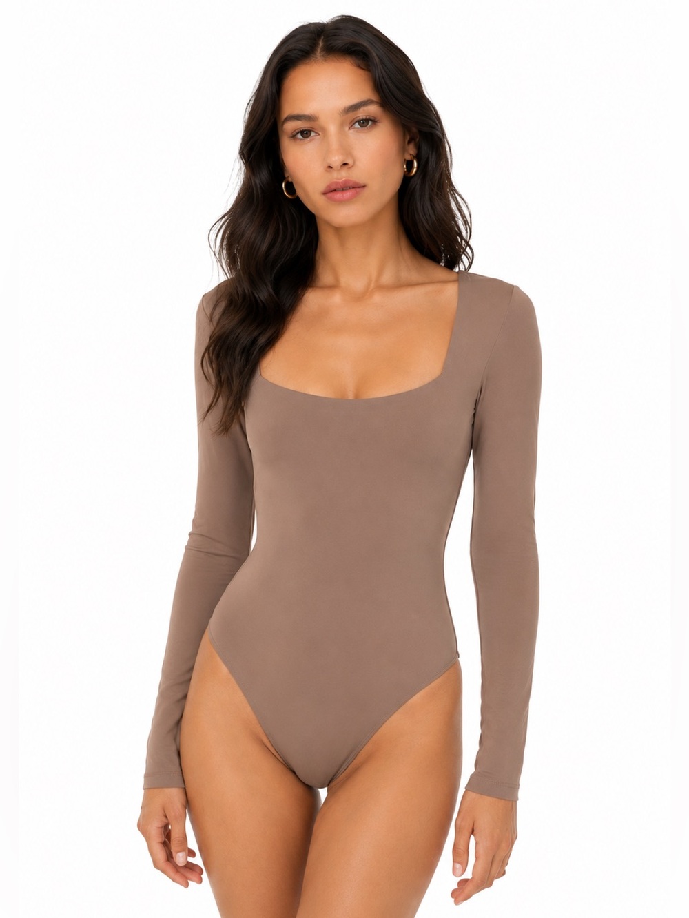 Babaton Body Suit Contour Square Neck Long Sleeve Bodysuit Taupe Tan Beige XS